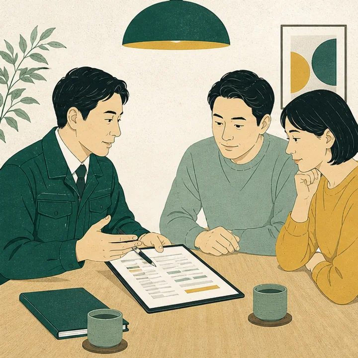 工事店の担当者が住まい手に見積もりを説明するイラスト