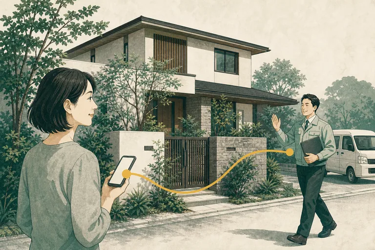 電話で相談したあと、工事店が住まいを訪ねる流れを表したイラスト